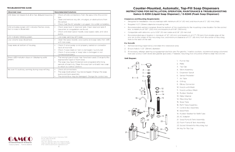 G-8258 Liquid Soap Dispenser Installation Instructions