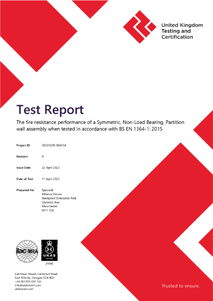 Specwall - UKAS - Fire Resistance Test - BS EN 1363-1: 2020 - 75mm