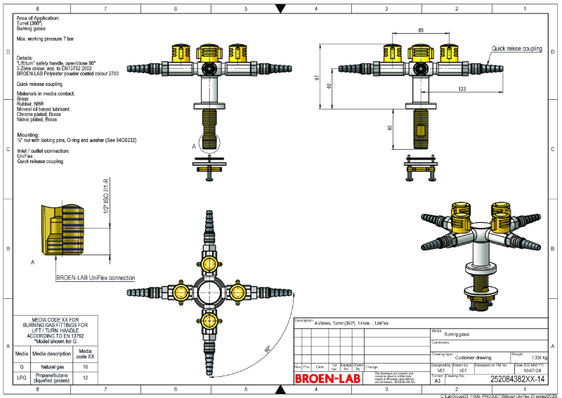 Table Mounted Four-Wat Lift/Turn Gas Valve with Quick Release Coupling