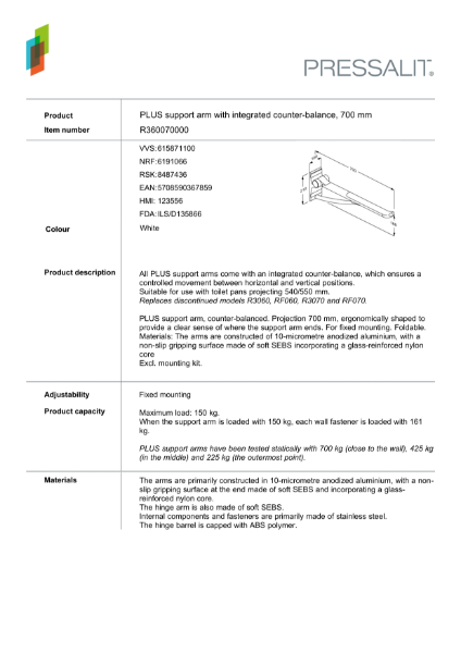 PLUS support arm with integrated counter-balance, 700 mm Datasheet