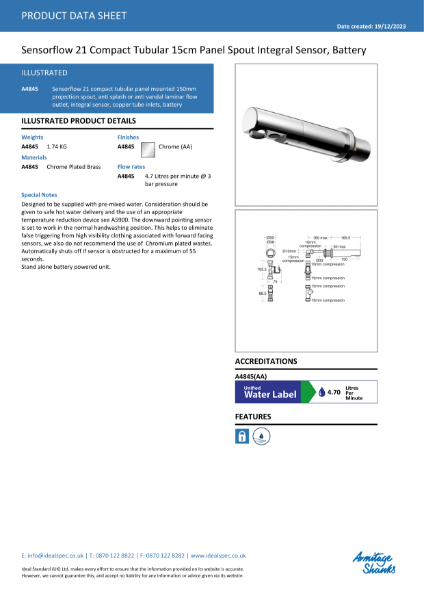 Sensorflow 21 compact 150mm wall mounted battery powered spout A4845AA