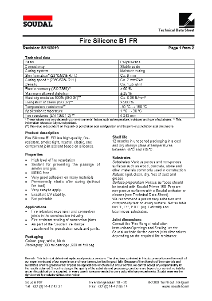 Fire Silicone B1 FR TDS - Technical Data Sheet