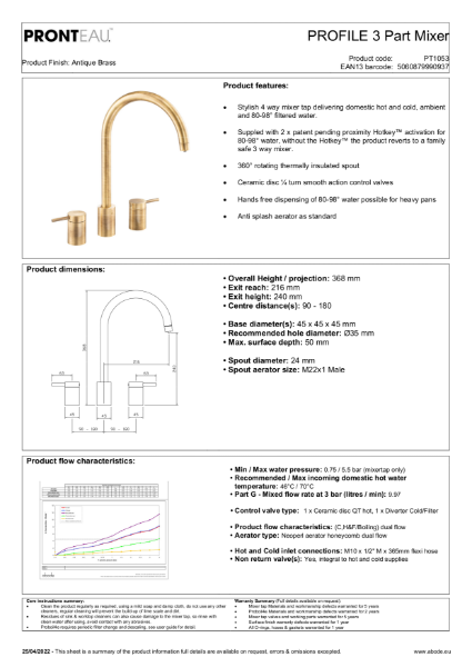 PT1053 Pronteau Profile 3 Part (Antique Brass), 4 IN 1 Steaming Hot Water Tap - Consumer Spec