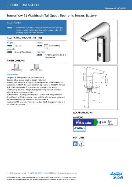 Sensorflow 21 Deck Mounted Battery Powered Tap - A4122AA