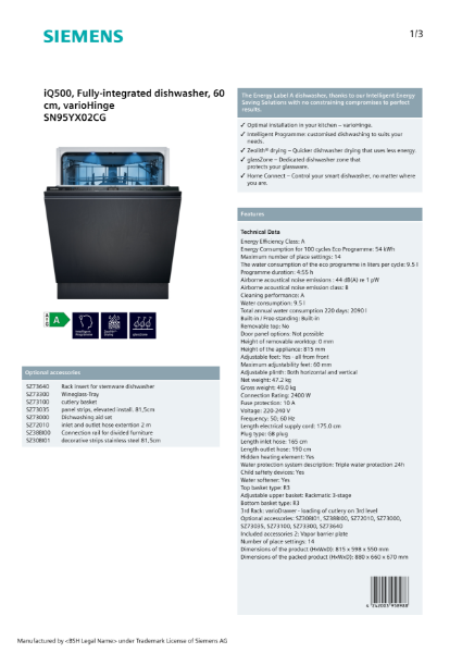 iQ500, Fully-integrated dishwasher, 60 cm, varioHinge SN95YX02CG