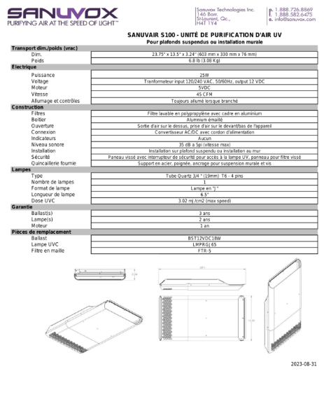 Spécifications Techniques du Sanuvair S100 (FR)