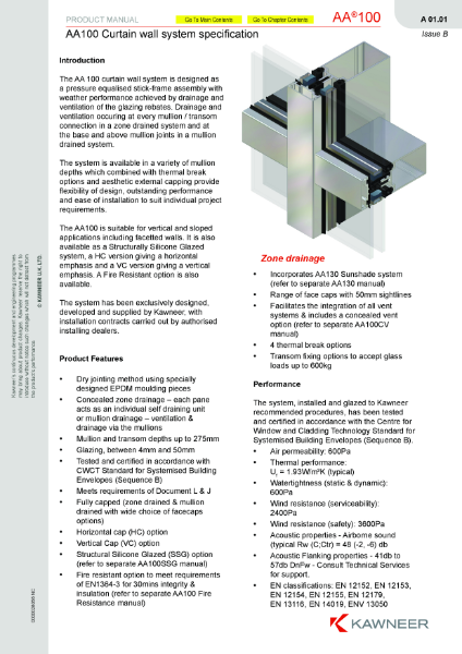 AA®100 50mm Curtain Wall Specification Sheets