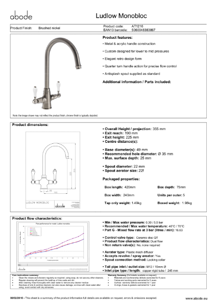 Ludlow Monobloc (Brushed Nickel) Consumer Specification