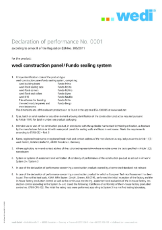 Wedi Building Board Standard - Suorituskykyilmoitus