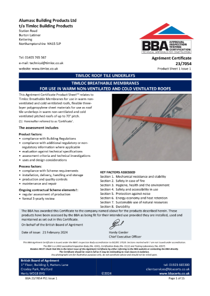 Timloc Building Products Breathable Membranes For Use In Warm Non-Ventilated & Cold Ventilated Roofs: BBA Agrement Certificate 23 7054, Product Sheet 2 Issue 1