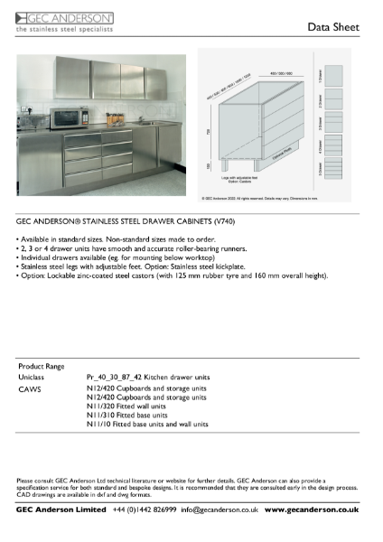 GEC Anderson Data Sheet - Drawer Cabinets V740