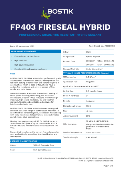 Bostik Professional FP403 Fireseal Hybrid TDS
