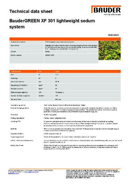 BauderGREEN XF 301 lightweight sedum system - Technical Data Sheet