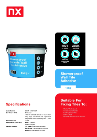 NX Showerproof Ready Mixed Wall Tile Adhesive Data Sheet