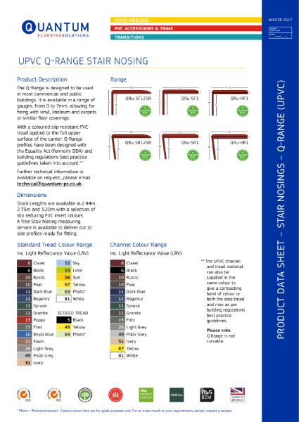 Q-Range PVC Stair Nosings - Stair Edging (0mm to 8mm Floorcovering) Product Data Sheet