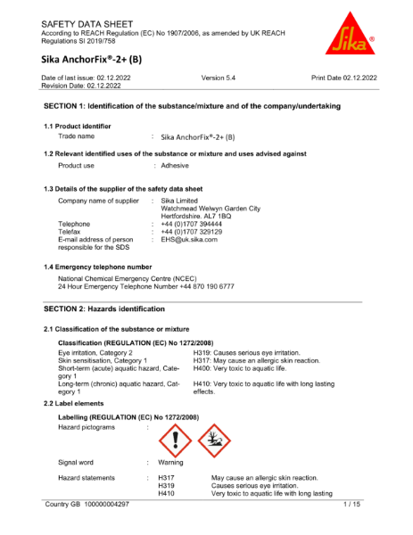 Sika anchorfix 2+ safety datasheet