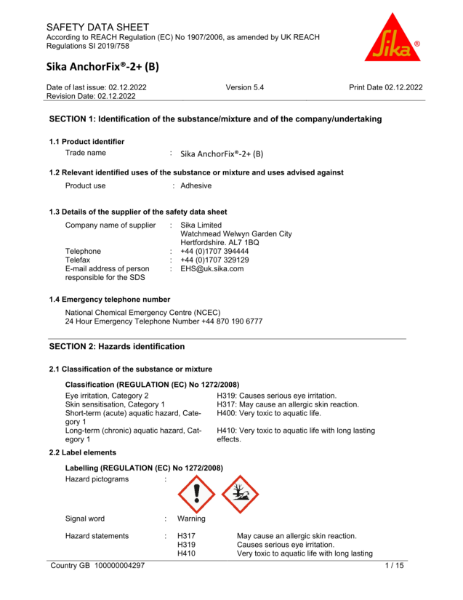 Sika anchorfix 2+ safety datasheet (B)