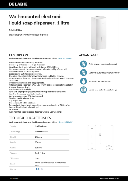 Electronic Soap Dispenser - White, 1 Litre Product Data Sheet