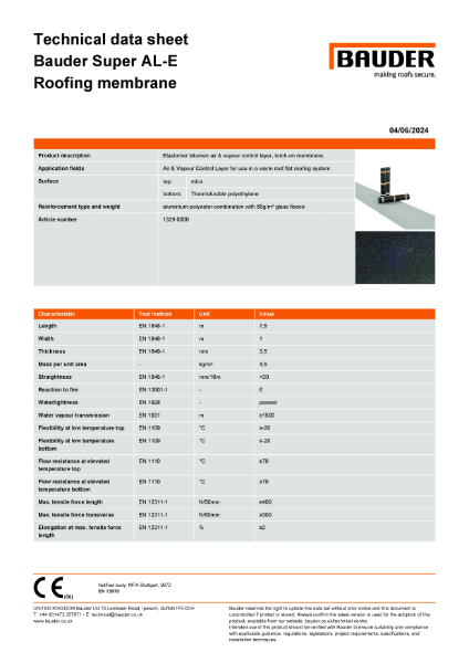 Bauder Super AL-E Air and Vapour Control Layer - Technical Data Sheet