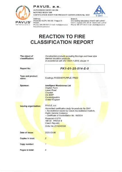 Passive Purple & FRED - Reaction To Fire Classification Report