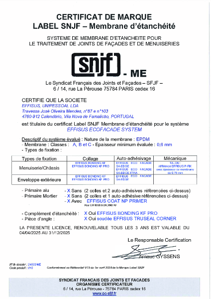 Effisus Ecofacade Family SNJF Certificate