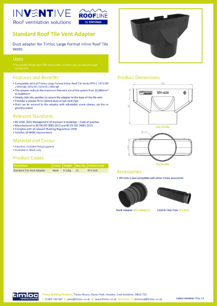 Timloc Building Products Standard Roof Tile Vent Adapter Datasheet