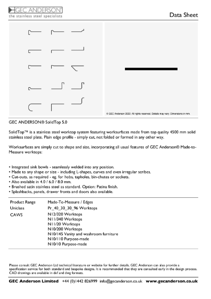 GEC Anderson Data Sheet - Solid Top