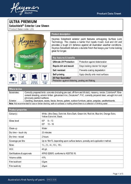 Solashield Low Sheen Product Data Sheet.