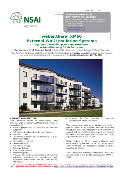 06/0260 weber.therm XM60 External Wall Insulation Systems NSAI Certificate