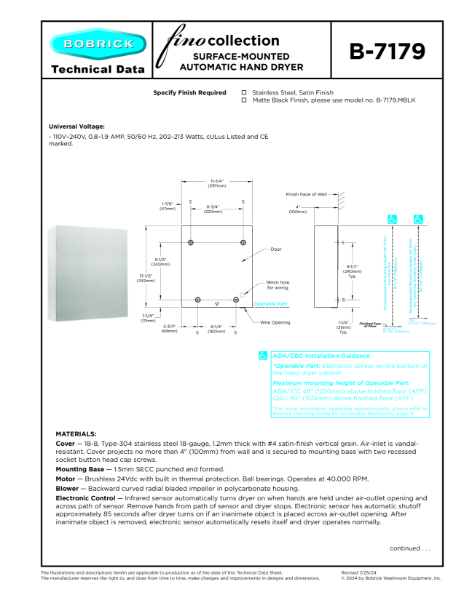 B-7179 Hand Dryer Technical Data Sheet