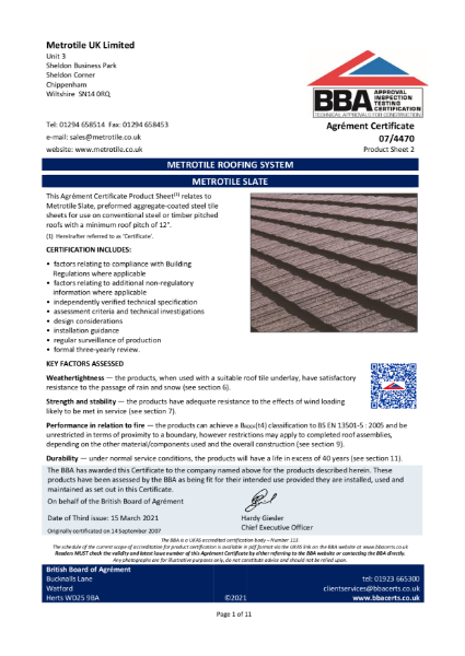 Metrotile Slate .900 BBA Certificate