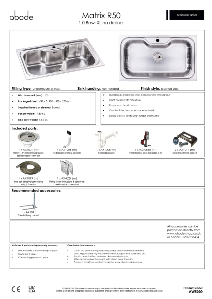Matrix R50. Stainless Steel Sink, Single XL Bowl - Consumer Spec