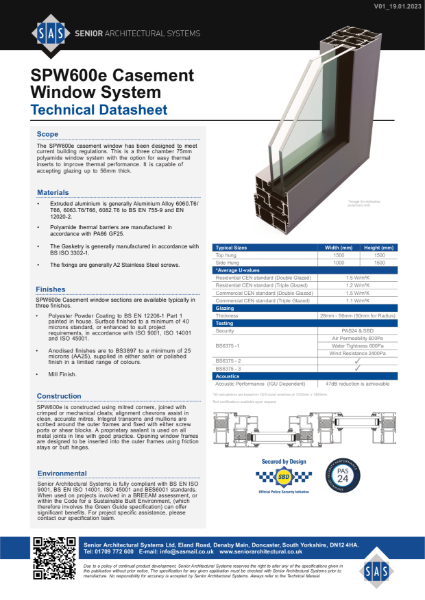 SAS SPW600e Casement Window Technical Datasheet