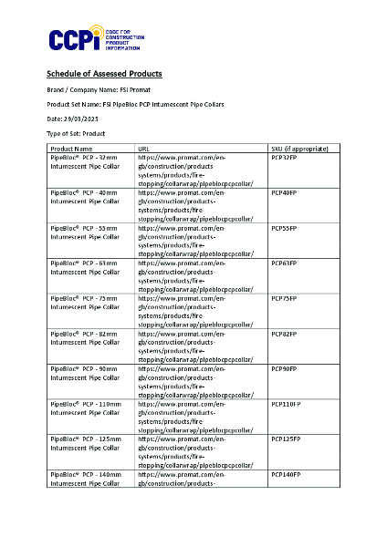 FSi PipeBloc PCP Intumescent Pipe Collars Schedule of Assessed Products CCPI