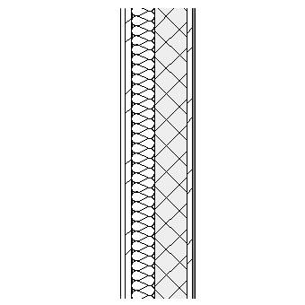 High pressure laminate with metal frame, weather barrier, insulation, concrete block and plasterboard lining on metal furrings