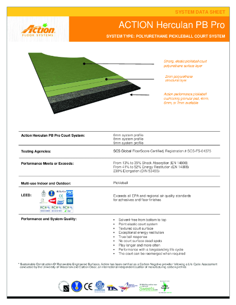 Action Herculan PB (Pickleball Court) - System Data Sheet