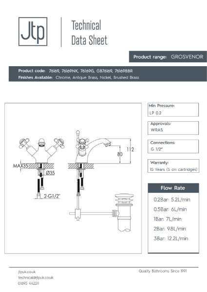 Grosvenor Cross Basin Mixer With Pop Up Waste – Product Data Sheet