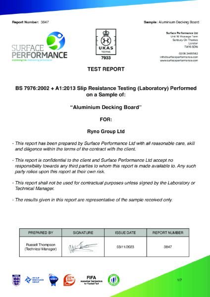 Slip Resistance - Slider 55 Test Report BS 7976 - Ryno Aluminium Decking System