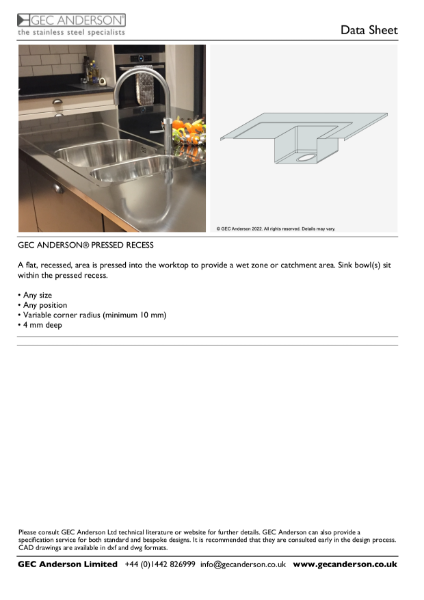 GEC Anderson Data Sheet - Pressed Recess