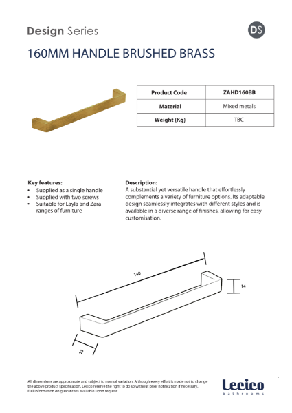 Zara Handle 160 mm - Brushed Brass