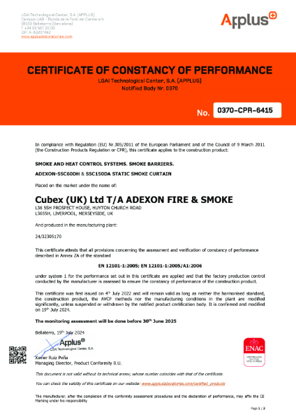 Adexon-SSC60DH & SSC150DA Static Smoke Curtain - Certificate 0370-CPR-6415 -- EN 12101-1_2005 & _A1_2006 -- Exp 25,06,30