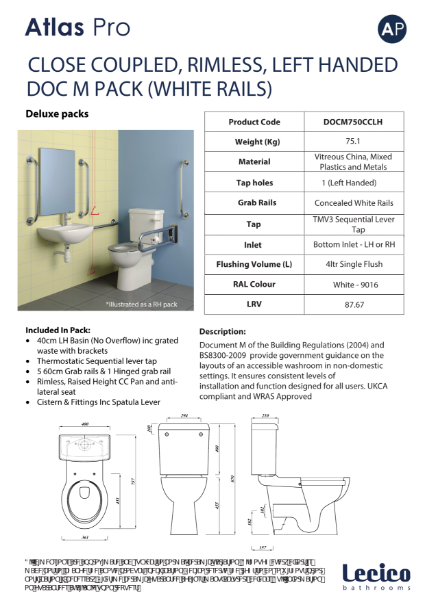 Atlas Pro Rimless DeLuxe Close Coupled DocM Pack Left Hand 40cm Basin White Rails Data Sheet