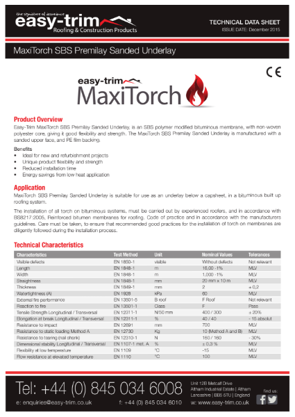 MaxiTorch SBS Premilay Sanded Underlay Datasheet