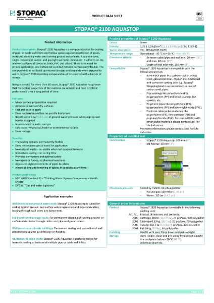 Stopaq 2100 Aquastop Pipe Sealant Data Sheet