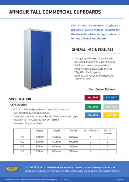 Armour Tall Commercial Cupboards Data Sheet - Workplace Products