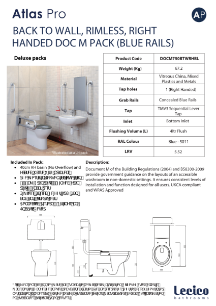 Atlas Pro Rimless DeLuxe Back to Wall DocM Pack Right Hand 40cm Basin Blue Rails Data Sheet