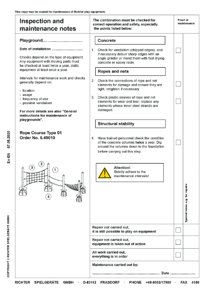 Timberplay Climbing Structure Frames - Rope Course Type 01 - Maintenance Instructions