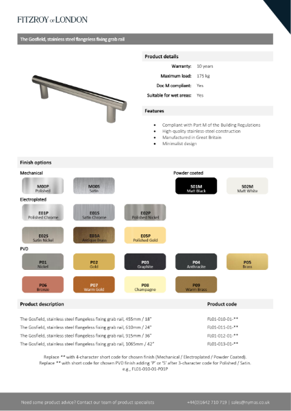 Gosfield stainless steel flangeless fixing grab rail