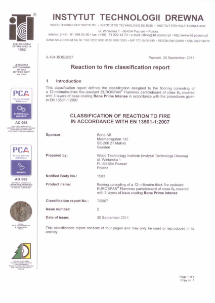 Bona Intense - EN13501-1 Reaction to Fire Classification Report