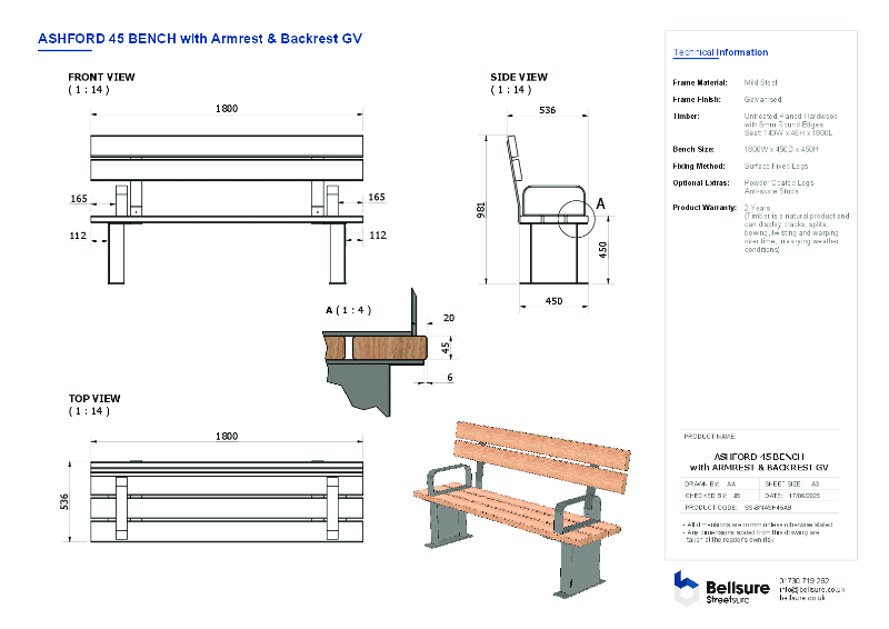 Ashford Bench with Backrest and Armrests Datasheet